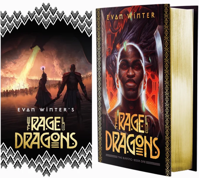 The cover of the deluxe edition of the Rage of Dragons. Its pages are gold-edged and the cover is of a Black man’s face. Behind him is a dragon.