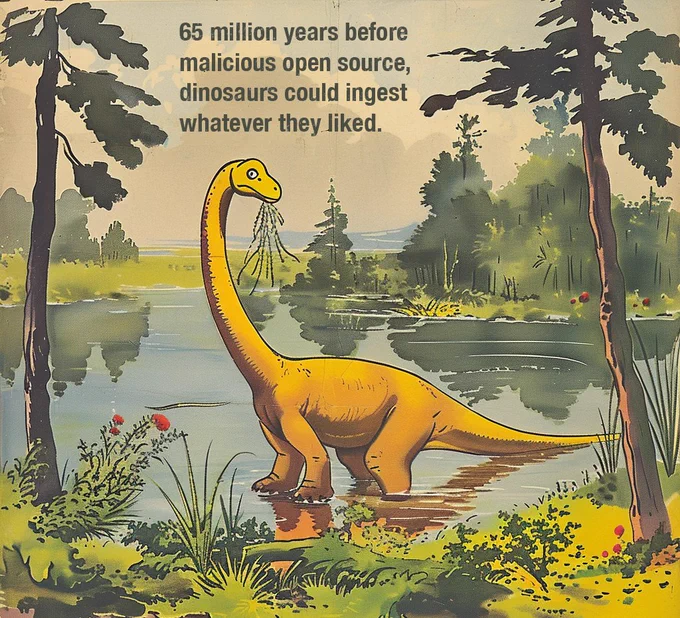 Children's story book-style illustration of a dinosaur eating weeds from a pond, with the caption, '65 million years before malicious open source, dinosaurs could ingest whatever they liked'.