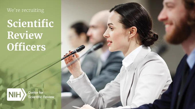 A woman sitting around a conference table speaking into a microphone. Image reads: We're recruiting Scientific Review Officers 