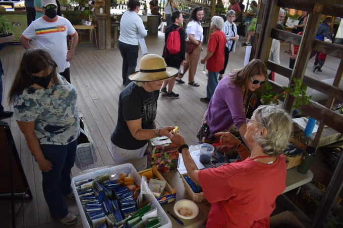 High angle view of three people speaking with a Master Gardener in the Ithaca Farmers Market, with others walking by in the background.