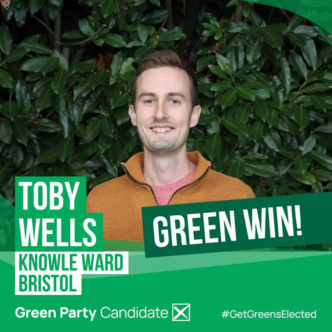 Photo of Toby Wells, with text saying: “Green Win! Toby Wells. Knowle ward, Bristol.”