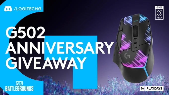 discord.gg/LogitechG

G502 Anniversary Giveaway

A photo of the G502 X Plus 10 Year Anniversary Edition is on the right side of the image. 

Logos for G502 10 Year, Logitech G PLAYDAYS and PUBG Battlegrounds are also on the image.