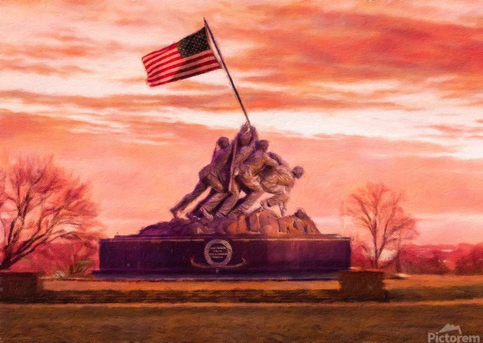 Digital Painting of the Iwo Jima US Marine Corp Memorial monument floodlit at dawn as the sun lights the sky behind the monuments in Washington DC