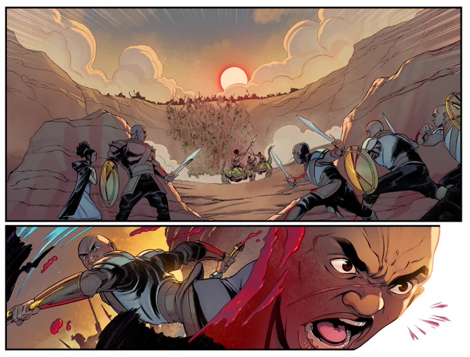 A three-panel art piece in a comic-esque style. The first panel shows several Omehi soldiers and a woman (one of the Gifted from the book) facing a small army of Xiddeen—their enemy—charging down a hill. Many of the Xiddeen are riding war lizards as we might a horse. The next panel shows Tau swinging his sword at an unseen opponent. The final panel is a close-up on Tau’s face as he shouts.