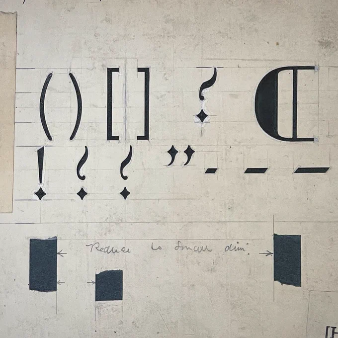 Hand drawn (in black ink) designs for punctuation marks, including the paragraph mark (or, pilcrow).