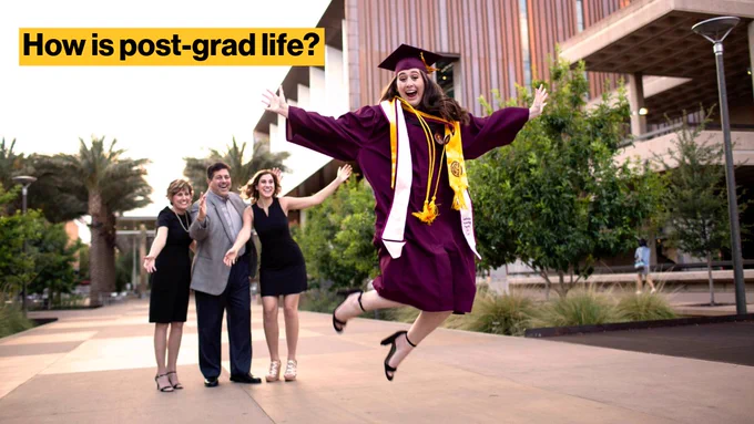 How is post-grad life? Image of student leaping into the air excitedly as family cheers them on.