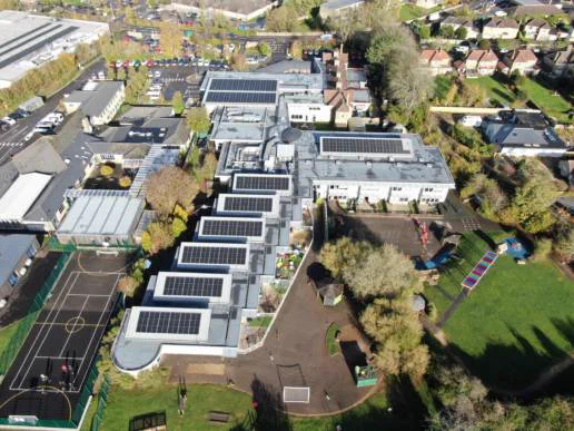An aerial view of a Bath Community Energy solar installation on a school rooftop.
