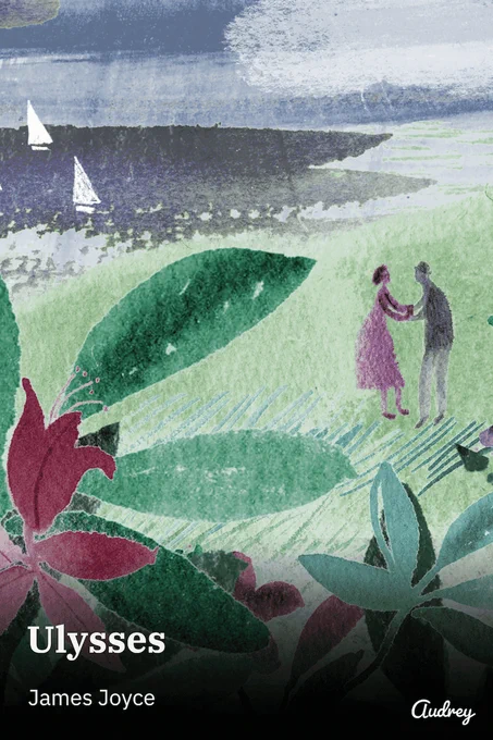 Watercolour with Ulysses by James Joyce - floral design, a couple dance by the sea where two sail boats are seen.