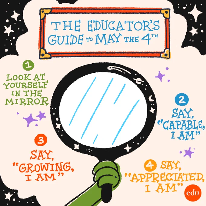 The Educator's Guide to May the 4th. A green hand holds a mirror to the viewer. Step 1: Look at yourself in the mirror. Step 2: Say "Capable, I am." Step 3: Say "Growing, I am." Step 4: Say "Appreciated, I am."