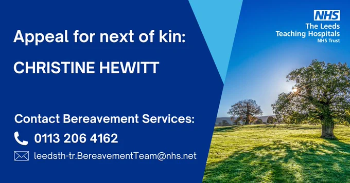 An image with the details of the appeal for the next of kin of Christine Hewitt. This is repeated in the text.