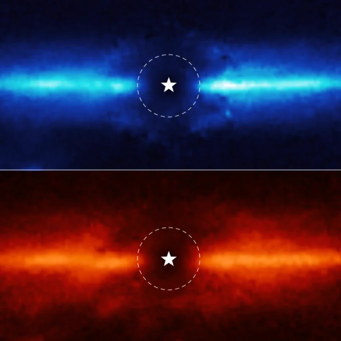 This image shows two views of the dusty debris disk around the red dwarf star AU Mic. The top panel is the disk at 3.56 microns. The disk appears as a fuzzy, blue, horizontal line broken in the middle by a black region outlined by a white, dashed circle. In the center of that region is a white, graphical star, which represents AU Mic. The actual star is blocked out in this image by Webb’s NIRCam coronagraph. The bottom panel is the second view of the disk, at 4.44 microns. The disk appears as a fuzzy, red, horizontal line broken in the middle by a black region outlined by a white, dashed circle. As in the top panel, in the center of that region is a cartoonish star representing AU Mic. The actual star is blocked out by the NIRCam’s coronagraph.