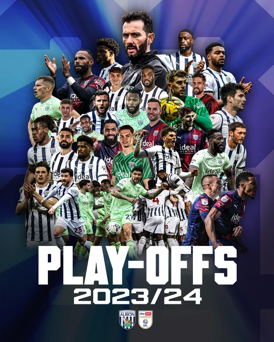 A graphic celebrating Albion securing a spot in the Sky Bet Championship play-off places. It features every Albion player.