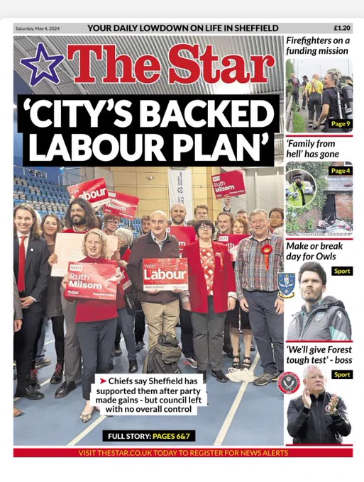 An image showing the front page of the Sheffield Star newspaper. The headline reads 'City's backed Labour Plan' and the photo shows a group of Labour candidates and councillors at the election count.