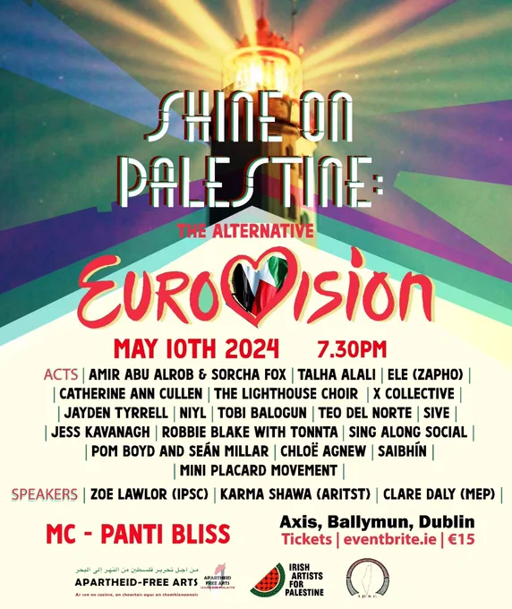 Image of a Lighthouse with light beaming, turning into colors of green, purple and blue. Shine on Palestine:The Alternative Eurovision with list of performers underneath 