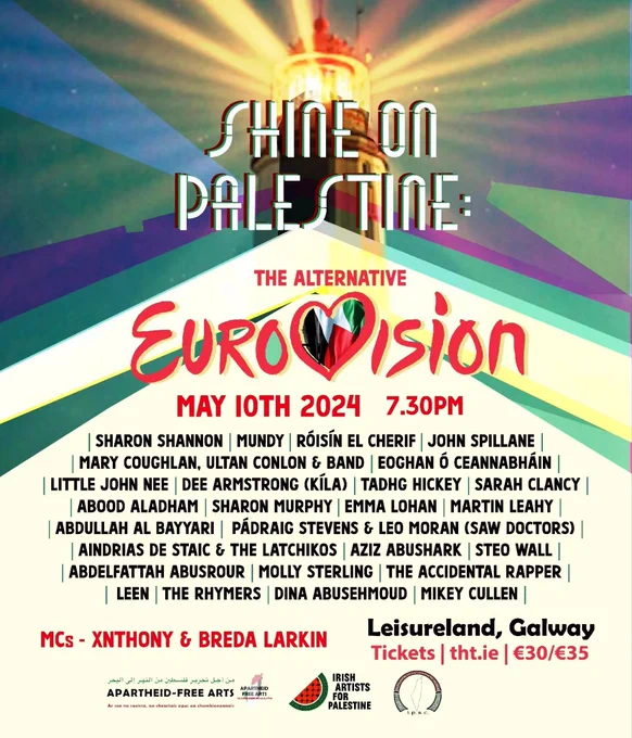 Image of a Lighthouse with light beaming, turning into colors of green, purple and blue. Shine on Palestine:The Alternative Eurovision with list of performers underneath 
