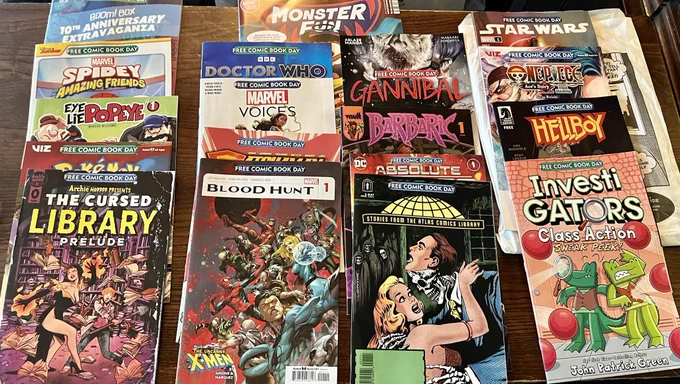 Collection of over 10 free comic book day issues on a pub table.