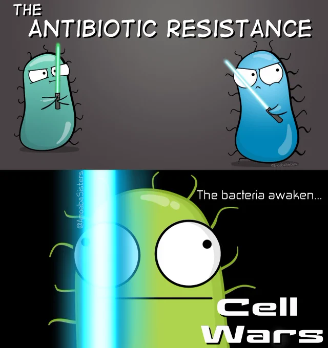 Amoeba Sisters Graphic with bacteria that have light sabers. Titled "The Antibiotic Resistance" and "The bacteria awaken..." with words at the bottom "Cell Wars"