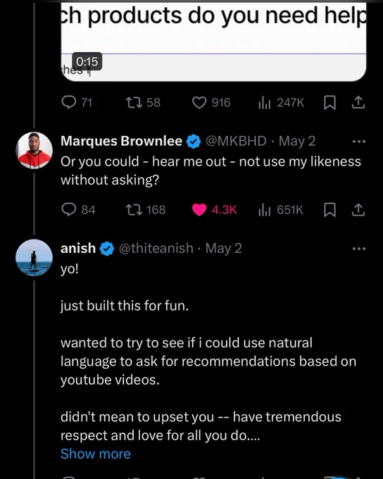 @thiteanish apologizing to @mkbhd for using his likeness without asking, and saying he didn't mean to upset him,