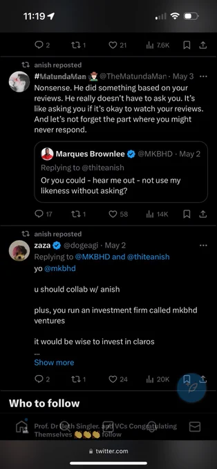 @thiteanish retweeting people chiding @mkbhd and also people who are encouraging him to invest in and collaborate with the guy