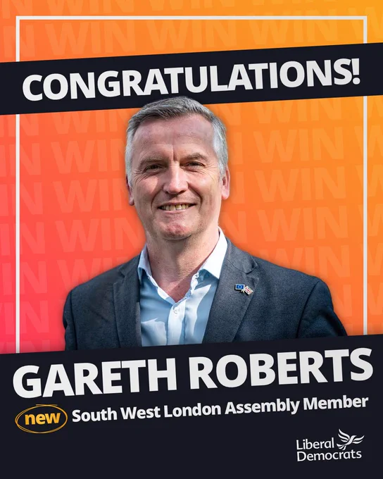 Congratulations Gareth Roberts - new South West London Assembly Member - Liberal Democrats