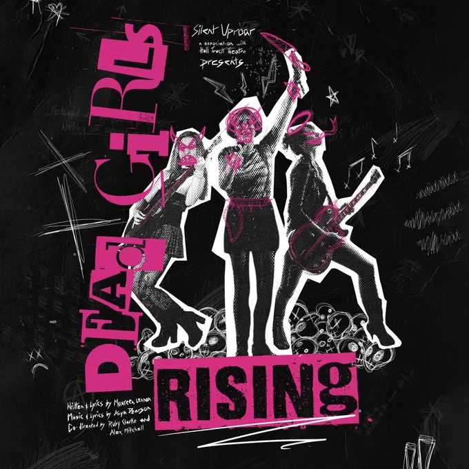 A cutout style image of three girls in a band. Text reads "Dead Girls Rising"