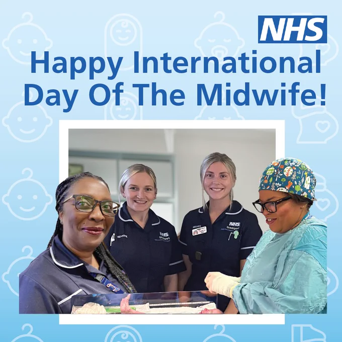 Text: Happy International Day Of The Midwife! Image: Four individual staff members have been individually cropped into the picture below. They show a range of midwife staff. 