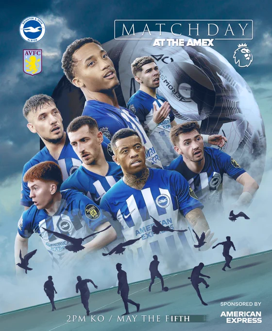 Albion v Villa matchday graphic featuring members of the squad running towards the camera with details of the game below: 2pm KO, May the fifth. Come on Albion!
