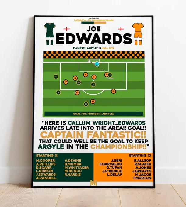 Poster depicting Joe Edwards' winner against Hull which secured Argyle's Championship status