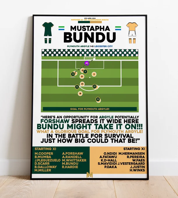 Poster depicting Mustapha Bundu's winner against Leicester City - a phenomenal night at Home Park
