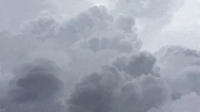 Digital painting of some voluminous grey clouds in a pale grey sky. They bloom outwards.