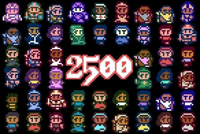 The number 2500 is shown in shining letters in the center of a host of 48 heroes and townspeople generated by Stories from Danger's Den.