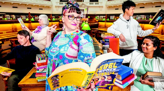 Phil Roubin, Maru Guy, Janet A McLeod, Leon Li and Anushi Rajapaksa in the La Trobe Reading Room at State Library Victoria.