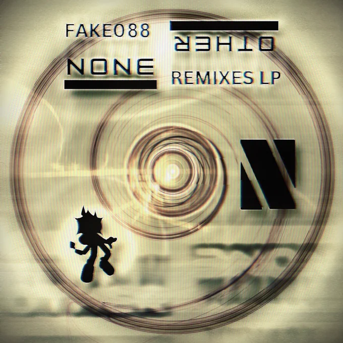 The cover art to the music album "None​/​Other Remixes LP", by Noxw.
Spread across it is a circular swirl-like design, made up of thin lines. This design looks similar to both a compact disc and a large, partly unravelled spool of media tape. This is over a stark, blurred, desaturated background.
Layered above these are monochrome opaque designs casting drop shadows onto the scene. At the top is 4 text phrases: "FAKE088", "NONE", "OTHER", and "REMIXES LP". They are arranged in a 2 by 2 table with a "read down columns first" sorting. NONE and OTHER feature large underlines. OTHER is upside down, underline included. Noxw's logo, a parallelogram and two right triangles making a stylized capital N, is at the right of the spiral's center, and to the left and down of the center is a logo for Fakenumberland: art of the label mascot, Cubey, in silhouette. 
The cover also has lens flare and vertical scanline effects added, and finally lit as if a spotlight is aimed above the scene.