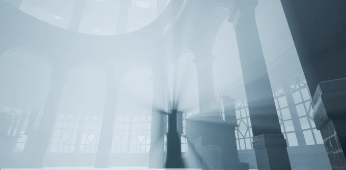 The image displays a large temple. Strange round mirrors with dark pillars are placed on each end. Enormous arches and pillars stretch forth towards the sky.