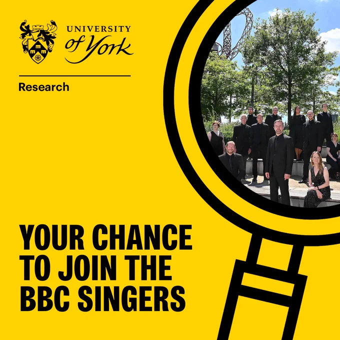 The BBC Singers, a choir dressed in black, stand outside. Text reads: Your chance to join the BBC Singers