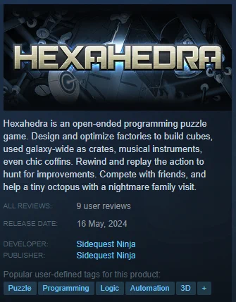 Screenshot of Hexahedra's Steam store page, showing the current 9-review total.