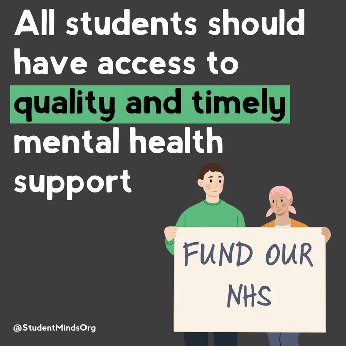 An illustration of two people holding a sign up that reads: Fund our NHS

Text above reads: All students should have access to quality and timely mental health support