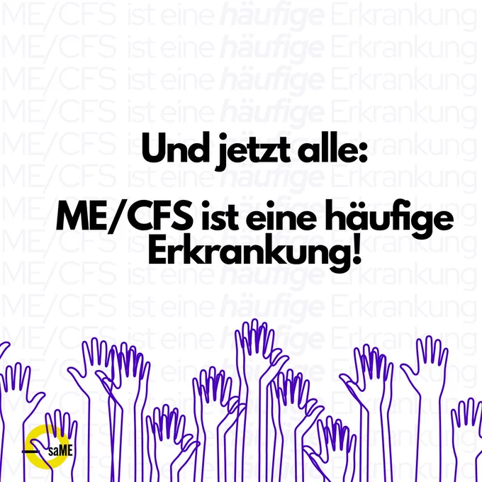 Viele hochgestreckte Hände sind zu sehen mit dem Text: " Und jetzt alle: ME/CFS ist eine häufige Erkrankung!"