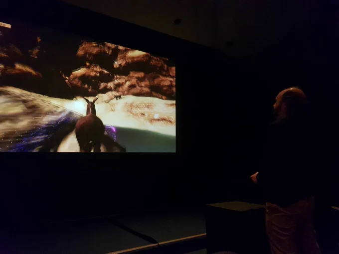 A man in profile view standing up and facing a cinema screen in a dimly lit cinema. He has a game controller in his hand, and on the screen we see the back of a donkey as it's walking towards a blurry landscape.