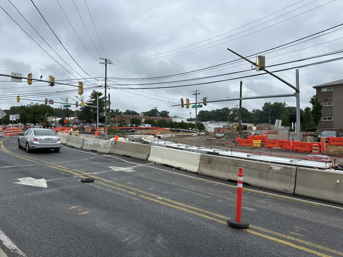 Construction of Purple Line tracks at the intersection of Piney Branch and Arliss.