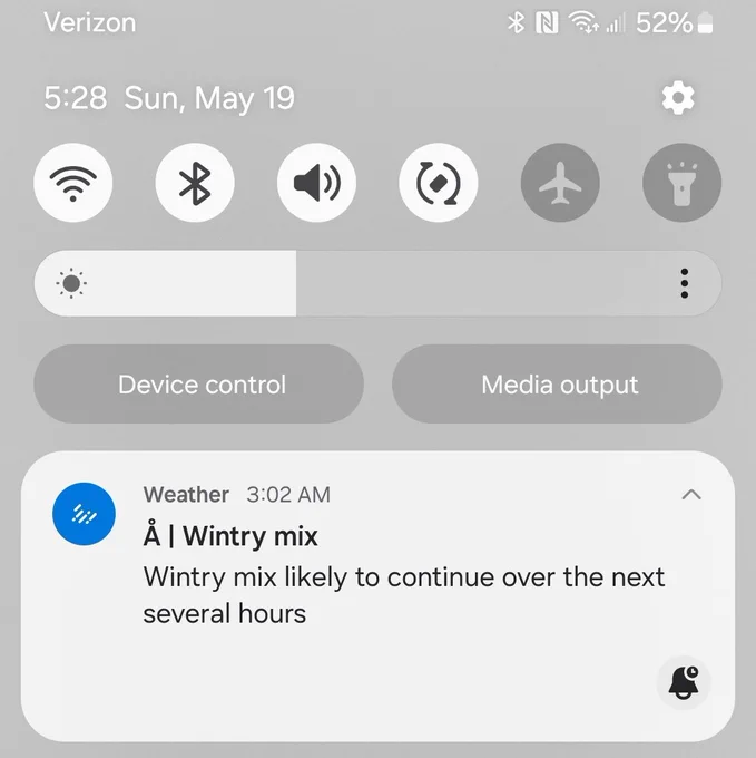 Phone notification screen states "A wintry mix is likely to continue for next few hours" but date is May 19th