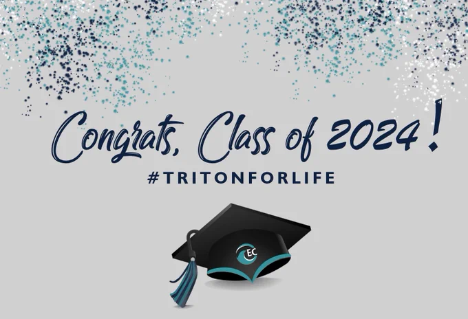 Text: Congrats, Class of 2024! #TritonForLife 

decorative confetti and cap