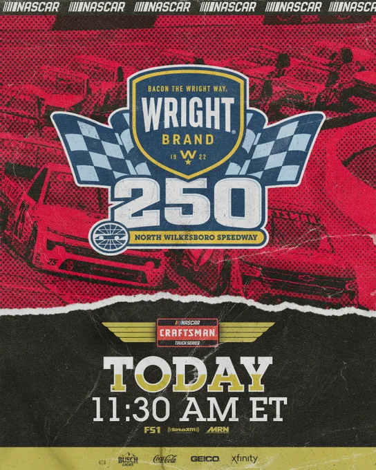 Tune-in graphic for North Wilkesboro. Today, 11:30 a.m. ET. FS1, SiriusXM, MRN.
