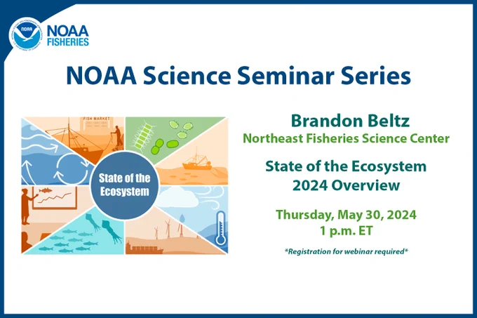 Graphic with a venn diagram insert on the left side about the intersection of fisheries, stock assessments, ecosystems, and socioeconomics. “NOAA Science Seminar Series. Brandon Beltz. Northeast Fisheries Science Center. State of the Ecosystem 2024 Overview. Thursday, May 30, 2024. 1 p.m. ET.” NOAA Fisheries logo.