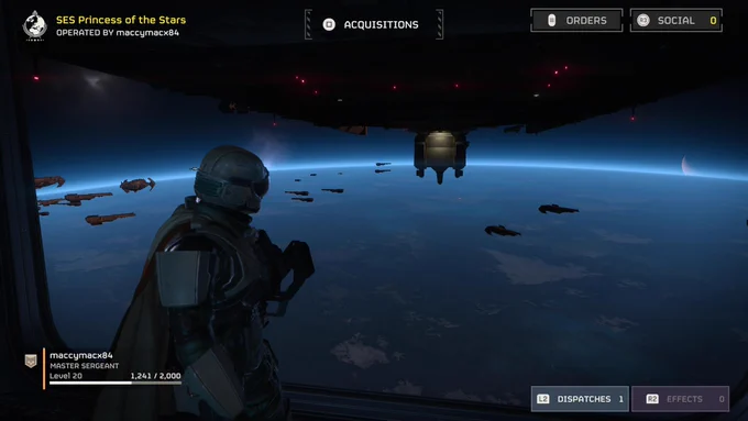 Maccy, the helldiver, looking out at the fleet above an unknown planet.