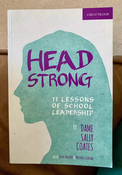 Green outline of female head and “Head strong” title in purple. 10 lessons of school leadership