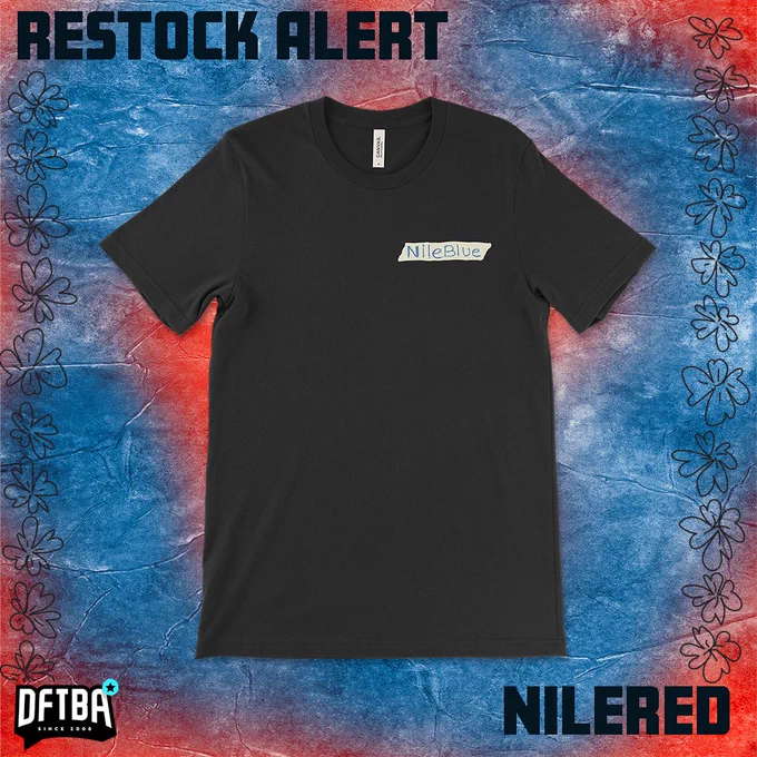 Photo of black t-shirt with a print that looks like masking tape and hand written lettering that says NileBlue. 