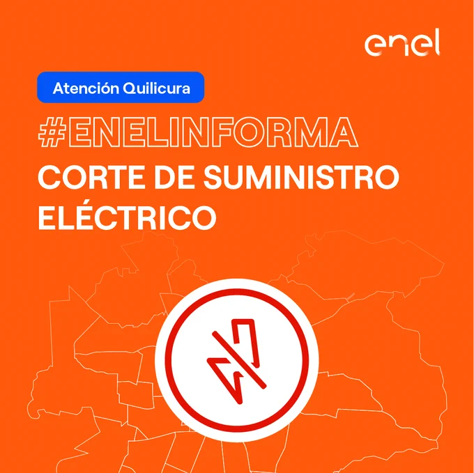 Ilustración naranja del mapa de Santiago con el dibujo de un rayo y el texto “atención Corte de suministro eléctrico”