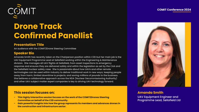 Confirmed Panellist on #COMIT2Drones Track - #COMIT2024 #Conference & #Exhibition - https://comit.org.uk
👥 Amanda Smith, UAV Equipment Engineer and Programme Lead, Sellafield Ltd https://www.linkedin.com/in/amanda-smith-674a22207/