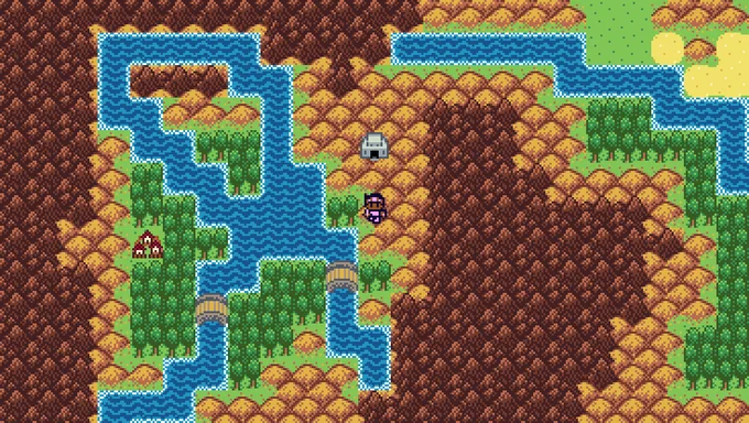 Screenshot of Stories from Danger's Den. Screenshot from Stories from Danger's Den. It's an 8-bit-style JRPG with a top-down view. The current story's hero, a paladin in pink armor, is walking through the overworld. He is in a valley where two rivers cross. He's on the right side of both rivers, just south of a large building in the hills. On the west side of the two rivers stands a small town. Between the paladin and the town are two bridges over the rivers.